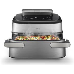 Philips Airfryer Serie 5000 con Maxi Capacità e Funzione Vapore - SteamFry, Vapore e Frittura ad Aria - 28 Programmi di Cottura, Doppio Scomparto 3L+6L, RapidAir Plus, SteamClean (NA565/00)