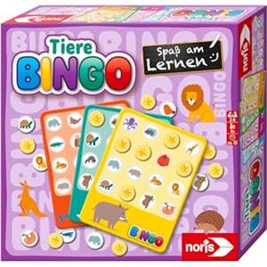 Noris Animali Bingo - Riconoscere e assegnare animali con 6 lavagne bingo, 26 dischi animali, 69 chip, sacchetto di stoffa e istruzioni in 4 lingue, gioco educativo a partire dai 4 anni in su