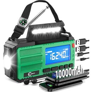 Esky 10000 mAh Radio Manovella, AM/FM/NOAA Radio Portatile ad Energia Solare Può Ricaricare i Cellulari con Torcia, Lampada da Lettura, Bussola, Allarme SOS per Campeggio/Ourdoor/Emergenza