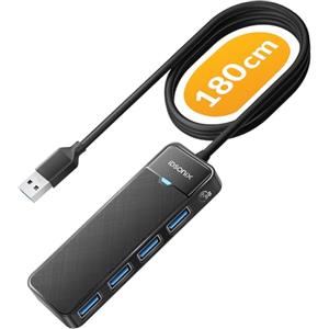 iDsonix Hub USB 3.0 con cavo lungo 180 cm, hub USB 3.0 a 4 porte ultra sottile, adattatore multi porta USB, adattatore multiporta hub di estensione USB per laptop, PC, MacBook, unità flash USB