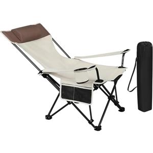 WOLTU Sedia da Campeggio Pieghevole Sedia da Pesca Reclinabile con Poggiatesta, Portabicchieri, Tasca e Borsa Trasporto, per Spiaggia, Picnic, Carico Max. 150 kg, Beige