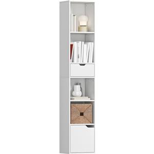 HOMCOM Libreria Scaffale a 6 Livelli, Libreria Verticale Salvaspazio con Armadietto, Ripiano Regolabile e Cassetto, per Soggiorno Camera da Letto Ufficio Studio, 30x24x158 cm, Bianco