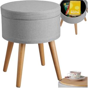 tectake® Sgabello Imbottito con Effetto Lino, Mobile Rotondo, Scompartimento Interno, Gambe in Pino con Feltrini, Design Elegante e Resistente - Grigio Chiaro