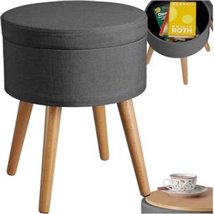 tectake® Sgabello Imbottito con Effetto Lino, Mobile Rotondo, Scompartimento Interno, Gambe in Pino con Feltrini, Design Elegante e Resistente - Grigio Scuro