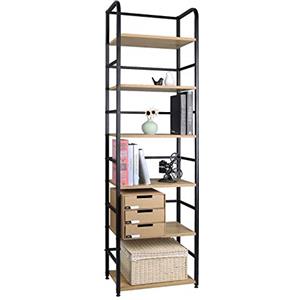 WOLTU Scaffale Libreria a 6 Livelli, Libreria Verticale Struttura in Metallo, per Soggiorno/Camera da Letto/Studio, 50x30x176cm, Nero + Rovere Chiaro, RGB11hei