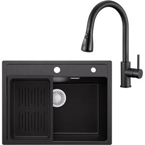 ANYCEE 60 x 46 cm Lavello Nero con Arco Rubinetto Estraibile, Lavandino Cucina Nero 1 Vasca con Cestello di Scarico, Lavello Granito per Mobile da 60 cm con Sifone e Scarico