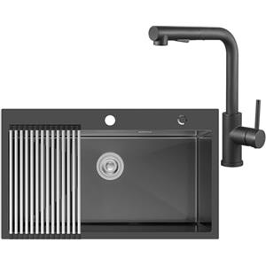 CECIPA 75x45 cm Lavello Nero Acciaio con L Rubinetto Cucina Estraibile, Lavandino Cucina 1 Vasca Nero Inox per Mobile da 80cm, con Sifone e Scarico