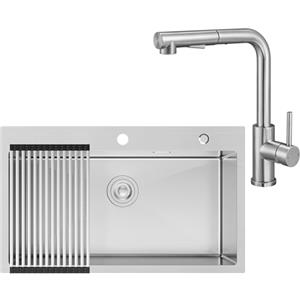CECIPA 75x45 cm Lavello Acciaio con L Rubinetto Cucina Estraibile, Lavandino Cucina 1 Vasca Inox per Mobile da 80cm, con Sifone e Scarico
