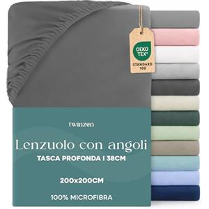 Twinzen Dreamzie Lenzuolo con Angoli Matrimoniale 200x200 cm - Angoli da 35 cm per Materassi Spessi - 100% Microfibra di Poliestere - Antracite, Certificato Oeko Tex