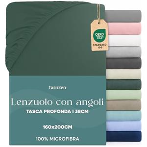 Twinzen Dreamzie Lenzuolo con Angoli Matrimoniale 160x190 / 200 cm - Angoli da 35 cm per Materassi Spessi - 100% Microfibra di Poliestere - Verde petrolio, Certificato Oeko Tex