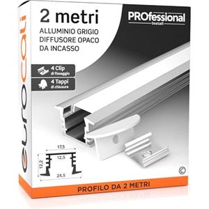 Eurocali 1x Profilo Angolare da 2 metri (2mt) in Alluminio grigio per Strisce LED Copertura Opaca larghezza max striscia led 12.5mm - 24.5 x 12.2