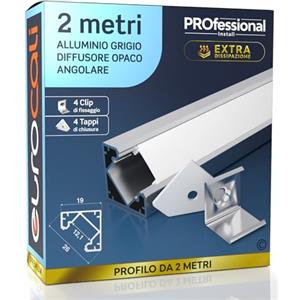 Eurocali 1x Profilo Angolare da 2 metri (2mt) in Alluminio grigio per Strisce LED Copertura Opaca larghezza max striscia led 12.1mm - 19 x 19