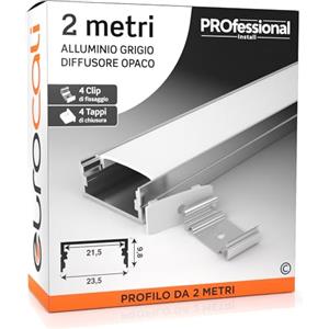 Eurocali 1x Profilo da 2 metri (2mt) in Alluminio grigio per Strisce LED Copertura Opaca larghezza max striscia led 21.5mm - 23.5 x 9.8