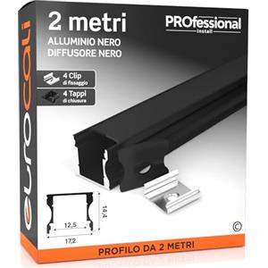 Eurocali 1x Profilo da 2 metri (2mt) in Alluminio Nero per Strisce LED Copertura Opaca larghezza max striscia led 12.5mm - 17.2 x 14.4