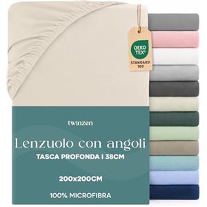 Twinzen Dreamzie Lenzuolo con Angoli Matrimoniale 200x200 cm - Angoli da 35 cm per Materassi Spessi - 100% Microfibra di Poliestere - Beige, Certificato Oeko Tex
