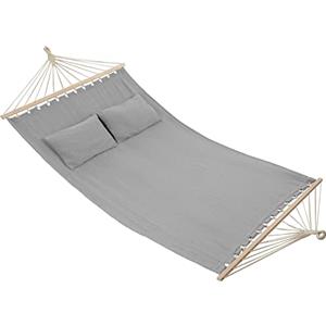 tectake® Amaca per Due Persone, Barra in Legno, Con 2 Cuscini Morbidi, Comoda e Resistente, Arredamento Esterno, Campeggio, Escursioni, Balcone, Beige, Capacità 240 kg - Grigio Chiaro