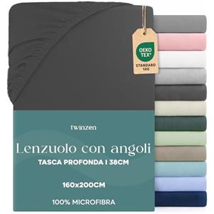 Twinzen Dreamzie Lenzuolo con Angoli Matrimoniale 160x190 / 200 cm - Angoli da 35 cm per Materassi Spessi - 100% Microfibra di Poliestere - Grigio scuro, Certificato Oeko Tex