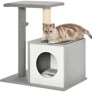 PawHut Albero Tiragraffi Multilivello per Gatti e Gattini con Cuccia e Colonna in Corda Sisal, Grigio, 59 x 39 x 62cm