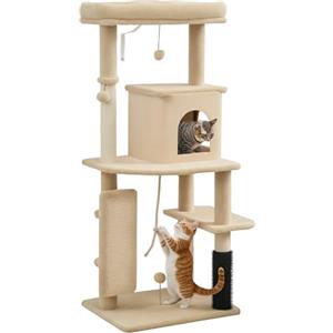 PawHut Albero Tiragraffi Multilivello Alto 132 cm, Palestra per Gatti con Casetta, Lettino per Gatti, Pali Tiragraffi, Piattaforma, Spazzola e Pallina, Dispositivo Antiribaltamento, Beige