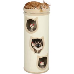 PawHut Torre Tiragraffi per Gatti Alta 96 cm, Albero per Gatti con 3 Casette e Lettino Superiore Rimovibile e Lavabile, Palline Appese, Bianco Crema