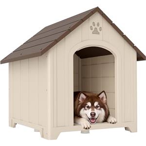 PawHut Cuccia per Cani da Esterno, Taglia Grande e XL, Casetta per Cani in Plastica Impermeabile con Base Rialzata, Finestre e Tetto Spiovente per Giardino, Patio, Terrazza, Casa, 102x94x103 cm, Beige