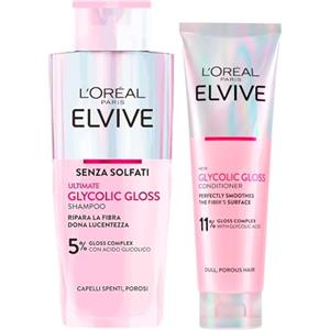 L'Oreal Paris L'Oréal Paris Elvive Glycolic Gloss Shampoo Illuminante con Acido Glicolico 200ml + Balsamo Riparatore per Capelli Porosi e Spenti Lucentezza Intesa e Duratura Effetto Seta 150ml - 2 Flaconi