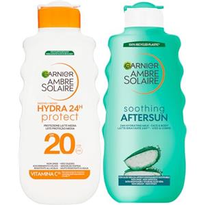 Garnier Ambre Solaire Hydra 24H Protect Protezione Solare Media SPF 20 Raggi UVB e UVA Idratante 175ml + Garnier Ambre Solaire Soothing Aftersun Latte Doposole Idratante Viso Corpo 175ml - Set da 2