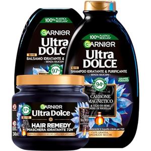 Garnier Ultra Dolce Shampoo + Balsamo + Maschera Idratante Purificante per Capelli con Cute Grassa e Lunghezze Secche Carbone Magnetico e Olio di Semi Neri di Nigella Vegan Naturale - 3 Prodotti