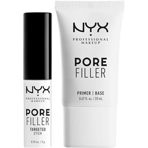 NYX Professional Makeup Primer Pore Filler Base Trucco 12h Finish Traslucido Uniforma Incarnato 20ml + Primer Pore Filler Targeted Stick Tonalità Trasparent Riduce Pori Linee Sottili 3g - Set da 2
