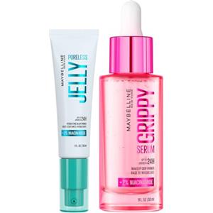 Maybelline New York Primer Base Trucco a Lunga Tenuta 24h Grippy Serum Idratante Rimpolpante 30ml + Poreless Jelly Levigante Minimizza i Pori con Niacinamide 30ml - Set da 2