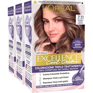 L'Oreal Paris L'Oréal Paris Tinta Permanente Excellence Cool Creme 7.11 Biondo Ultra Freddo Colorazione Triplo Trattamento Copre 100% dei Capelli Bianchi Lunga Durata e Anti-Giallo - 3 Tinte