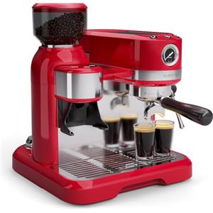 Klarstein Bella Café - Macchina per Caffè Espresso, 19 Bar, 1550W, Macinino Integrato da 200g, Montalatte Mobile, Serbatoio da 1,4L, Inserti Per 2 Tazze, Design Retrò, Rosso