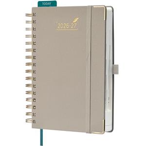 BEZEND Agenda 2026 2027 Giornaliera A5 Spirale, 12 Mesi da Ago.26 a Lug.27, Diario Scuola 21 x 15,5 cm con Angoli Protettivi Dorati, Intervalli di 30 Minuti, Copertina Rigida Pelle PU, Beige