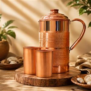 Adoko Brocca d'acqua in puro rame, 2 litri, con 2 bicchieri, brocca in rame per acqua potabile e conservazione con benefici per la salute ayurvedica e finitura liscia