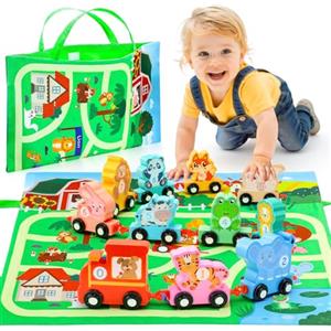 Anginne Giochi Montessori Bambini 1 Anno, Regalo Bambina Bambino 1 2 3 Anni, Trenino di Legno Fattoria Animali Bambini con Tappetino per Riporre i Giochi, Giocattoli Educativi in Legno