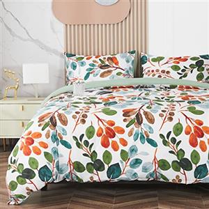 Jemiipee Set Copripiumino Floreale Colorato Letto Matrimoniale Primavera Rami e Foglie, 1 x Copripiumino 220x260 cm e 2 x Federe 50x70 cm Completo Sacco Parure Letto Bohémien Microfibra Verde