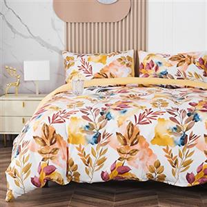 Jemiipee Set Copripiumino Floreale Colorato Letto Matrimoniale Autunno Rami e Foglie, 1 x Copripiumino 220x260 cm e 2 x Federe 50x70 cm Completo Sacco Parure Letto Bohémien Microfibra Giallo Senape