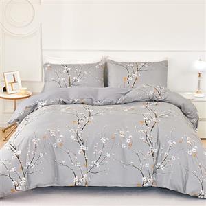 Jemiipee Set Copripiumino Floreale Letto Piazza e Mezza Motivo a Fiori e Rami, 1 x Copripiumino 200x200 cm e 2 x Federe 50x75 cm Completo Sacco Parure Letto Moderno Microfibra Grigio