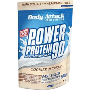Body Attack Power Protein 90, Cookies n Cream, 500g, 5K proteine in polvere con proteine del siero di latte, L-carnitina e BCAA per la costruzione muscolare e il fitness.