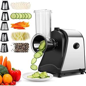 Nictemaw Tritacarne Elettrico 250W, Grattugia elettrica Multifunzione Affettaverdure con 5 tamburi di taglio, Acciaio Inox