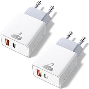 Aioneus Caricatore USB C, 2 Pezzi Caricabatterie Rapido 20W, 2Porto Presa USB Caricatore Multiplo PD & QC3.0 Carica Cellulare, Spina Tipo C Alimentatore per iPhone 17 16 15 Samsung, Spinotto Muro Adattatore