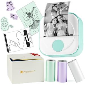 Phomemo Q02 Mini Stampante Portatile, Mini Stampante Adesivi per Studio, Appunti, Foto, Diari, Mini Printer con 3 Rotoli di Carta Termica, Stampante Termica Compatibile con iOS e Android, Verde