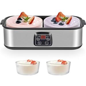 BORDRISE Macchina per yogurt, 2 l, con display a LED e 2 contenitori in vetro da 1000 ml, con temperatura e timer regolabili, per yogurt biologico, formaggio, natto, dessert sani