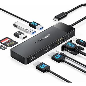 Lemorele Docking Station USB-C 10 in 1, 2 HDMI + VGA, 3 Display, PD 100W | USB-A 3.0/2.0, SD/TF e audio 3,5 mm; espansione multi-monitor per notebook USB-C con uscita video, lavoro e ufficio