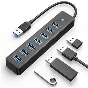 GiGimundo PG7U Hub USB 3.0 7 Porte con Cavo Corto da 0.15M, Porta di Ingresso Alimentazione 5V/3A, Porta USB Multipla per PC Laptop, MacBook più Vecchi, PS4, PS5, Tastiera, Mouse, Unità Flash