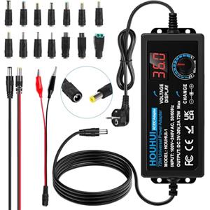 HOUHUI Adattatore di alimentazione universale regolabile 3V-36V 2A 72W Adattatore di alimentazione regolabile 100V-240V AC a DC con display LED della tensione e 5,5x2,5mm 16Tipps per elettronica