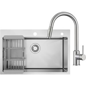 CECIPA 70x45 cm Lavello Cucina con Arco Rubinetto Estraibile, Lavandino Cucina 1 Vasca in Acciaio Inox con cestello scolapiatti, per Mobile da 70cm