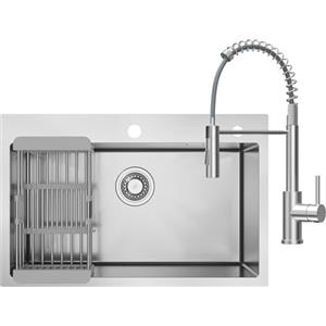 CECIPA 70x45 cm Lavello Cucina con Arco Rubinetto Cucina Molla, Lavandino Cucina 1 Vasca in Acciaio Inox con cestello scolapiatti, per Mobile da 70cm