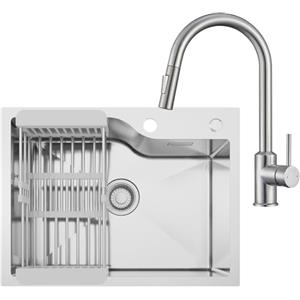 CECIPA 60x45 cm Lavello con Arco Rubinetto Estraibile Cucina, Lavandino Cucina 1 Vasca in Acciaio Inox per Mobile da 60cm