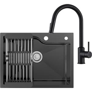 CECIPA 60x45 cm Lavello Nero in Acciaio Inox con Arco Rubinetto Estraibile Cucina, Lavandino Cucina 1 Vasca Nero per Mobile da 60cm